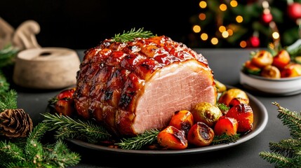 Succulent glazed ham surrounded by roasted vegetables, perfect for festive celebrations and holiday feasts.