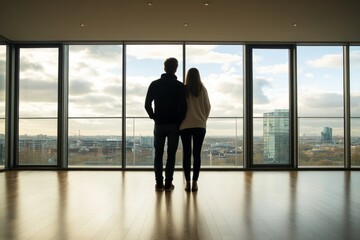 A couple stands together looking out at the city view from a modern apartment. The large windows frame their silhouette. A scene of peace and connection. Generative AI