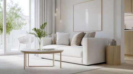 Modern living room featuring a stylish sofa, cozy decor, and natural light creating a serene atmosphere.