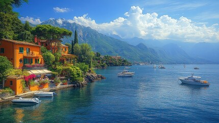 Scenic lakeside view with colorful houses and boats.