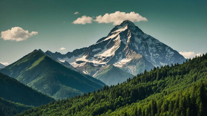 Canvas Print - Majestic mountain range in the distance framed by green forests