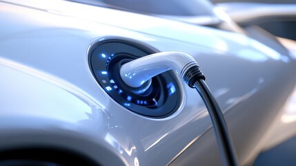 Electric car charging with blue light on the charging port.