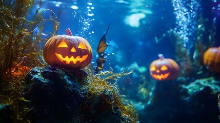 A submerged Halloween-themed aquarium, where the aquatic environment is decorated with seaweed wrapped around pumpkin-shaped rocks and eerie underwater creatures like spooky, glowing anglerfish. 