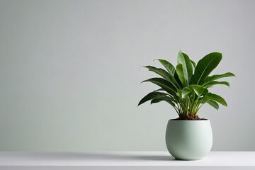 a plant in a green pot on a white table                           