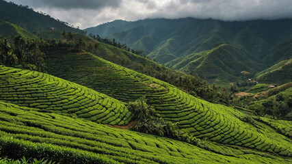 Canvas Print - Rolling hills of tea plantations under a cloudy sky