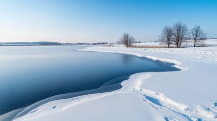 A serene winter landscape featuring a calm lake surrounded by snow-covered banks and leafless trees under a clear blue sky.