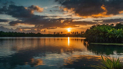 Poster - Sunset over a calm lake surrounded by tropical vegetation