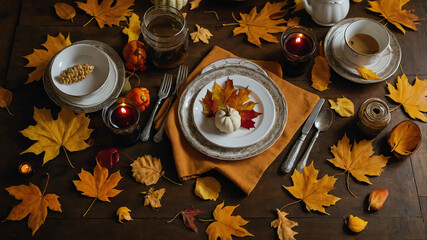 Wall Mural - Thanksgiving autumn leaves scattered across a harvest themed table