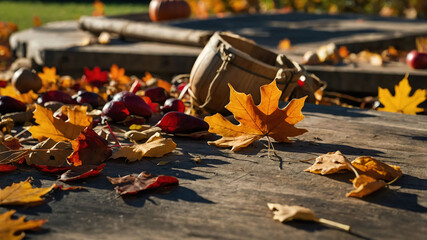 Wall Mural - Thanksgiving autumn leaves scattered across a harvest themed table