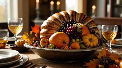 Wall Mural - Thanksgiving cornucopia centerpiece on a warm autumn themed table