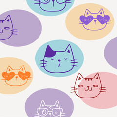 Naklejka na meble Seamless pattern with cute colorful Cats. Funny pet charactes Hand drawn vector illustration. Good for fabric, textile