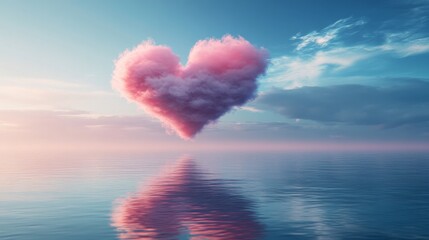 Pink heart-shaped cloud over calm ocean at sunset, romantic dreamscape concept