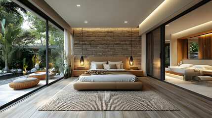 Canvas Print - Modern bedroom with large windows overlooking a lush garden and swimming pool.