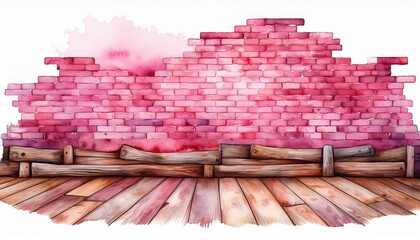 artistic watercolor painting featuring a pink brick wall with wooden beams and a textured floor, cre