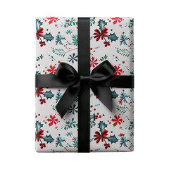 Wall Mural - A beautifully wrapped gift with festive patterns, adorned with a black ribbon, perfect for holiday celebrations and special occasions.