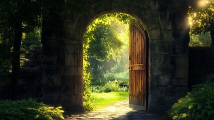 old wooden open door in gates to ancient castle. archway in stone fortress wall. dark medieval woods