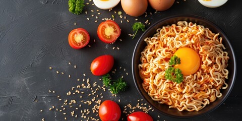 Poster - Bird's-eye perspective of traditional instant noodles garnished with tomatoes and scrambled eggs.