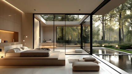 Sticker - Modern bedroom with large windows overlooking a pool and garden.