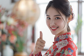 A young woman wearing a Chinese qipao with her thumb raised