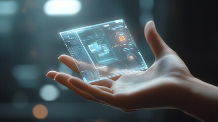 A close-up of a modern hand reaching towards a translucent, holographic digital wallet that hovers in mid-air. The wallet displays animated financial information and icons, illustrating advanced 