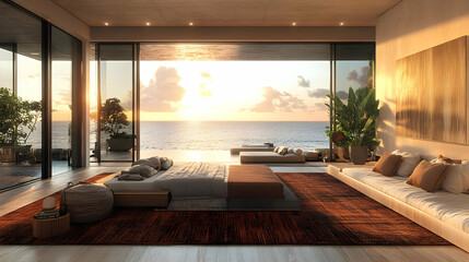 Modern bedroom with large windows overlooking the ocean with a sunset in the background.