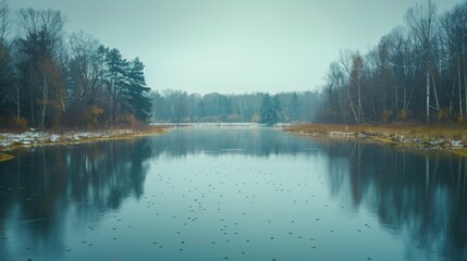 Canvas Print - Winter Serenity: A Tranquil Lake Reflecting Trees