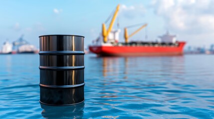 Oil barrel floating in the ocean with cargo ship in the background, symbolizing the global oil industry.