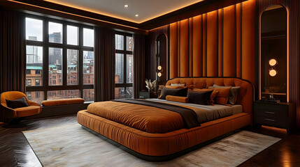 Wall Mural - Modern bedroom with large windows, a plush bed, and a wall with a tufted headboard.