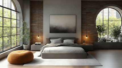 Poster - Modern bedroom with large windows, exposed brick wall, and a cozy seating area.