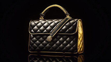 Black quilted leather handbag with gold trim and handle isolated on a black background.