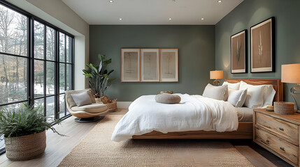 Poster - Modern bedroom with large windows, green walls, a comfortable bed with white bedding, a large plant, and a wooden floor.