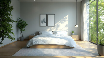 Poster - Modern bedroom with large windows, white bedding, and wooden floor.