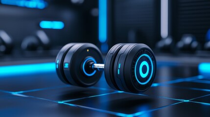 High-tech futuristic dumbbell with glowing blue lights in a digital environment. Concept of advanced fitness and virtual training.