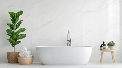 Minimalist bathroom with white bathtub and houseplants in a modern interior. Concept of home design, relaxation, and cleanliness.