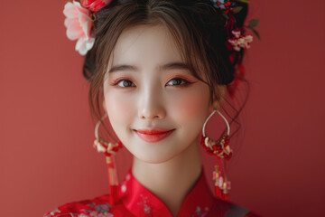 Wall Mural - A young Chinese woman, close-up photo of her head with a red background