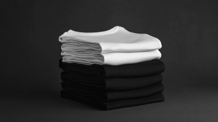 Stack of folded white and black t-shirts on a black background.