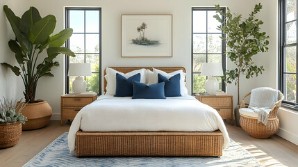 Poster - Modern bedroom with wicker bed, large windows, blue and white bedding, and plants.