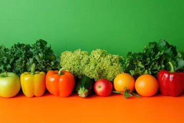 Fresh organic vegetables and fruits placed on the left side of green table with bell peppers,okra, lettuce, apple, tomato and orange against on orange background. Copy space, front view , ai