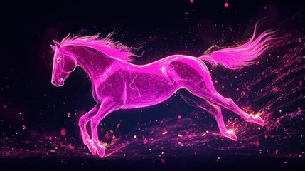 A pink, glowing horse with a mane and tail of sparkling light runs through the dark, leaving a trail of dust and sparkle.