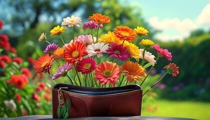 Wall Mural - Flourishing Flowers from Coin Purse Symbolizing Prosperity in Lush Garden Under Clear Sky