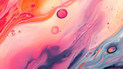 Abstract pink, orange, and blue paint with swirling lines and bubbles.