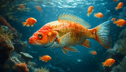 Fish swimming gracefully in a vibrant underwater landscape rich with currency, symbolizing the fluidity of wealth and prosperity in a serene ocean environment