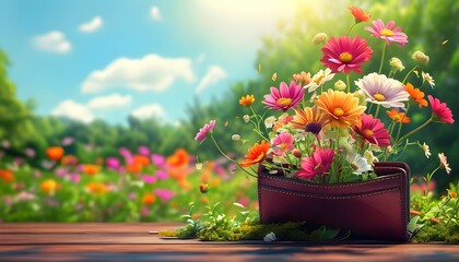 Wall Mural - Flourishing Flowers from Coin Purse Symbolizing Prosperity in Lush Garden Under Clear Sky