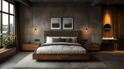 Wall Mural - Modern industrial bedroom with a king-sized bed, exposed concrete walls, wooden floors, and large windows overlooking a city skyline.