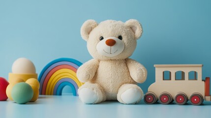 Kids toys collection. Teddy bear wooden rainbow train and baby toys on light blue background. Front view