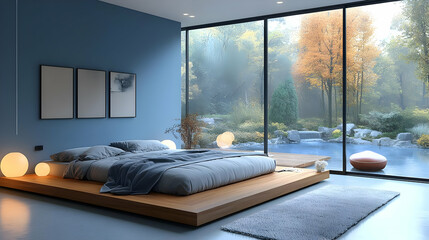 Wall Mural - Modern minimalist bedroom with a large window overlooking a lush garden with a pond and a wooden deck.