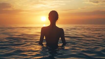 Wall Mural - Woman Silhouetted in Water at Sunset.