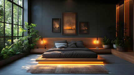 Wall Mural - Modern minimalist bedroom with a platform bed, warm lighting, and large windows overlooking a green garden.