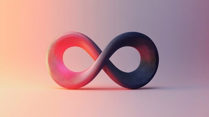 A 3D rendering of an infinity symbol with a gradient from red to black. The symbol is set against a pink and orange background, giving it a modern and abstract look.