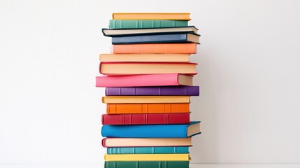 Colorful stack of books on a white background.